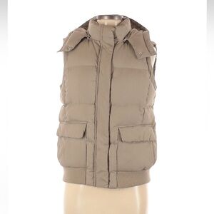 GAP Tan Hooded Puffer Vest Quilted Lightweight Zip Snap Taupe Pockets M